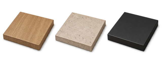 Warm oak, pale honed stone and matte black metal samples matching the Wilburton interior