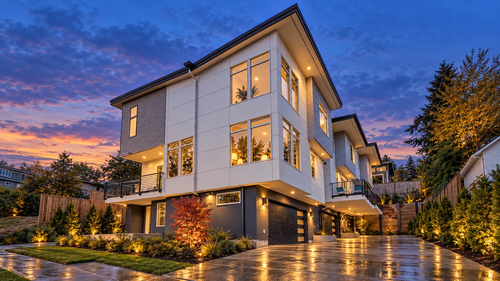 6440 Trio townhomes at dusk