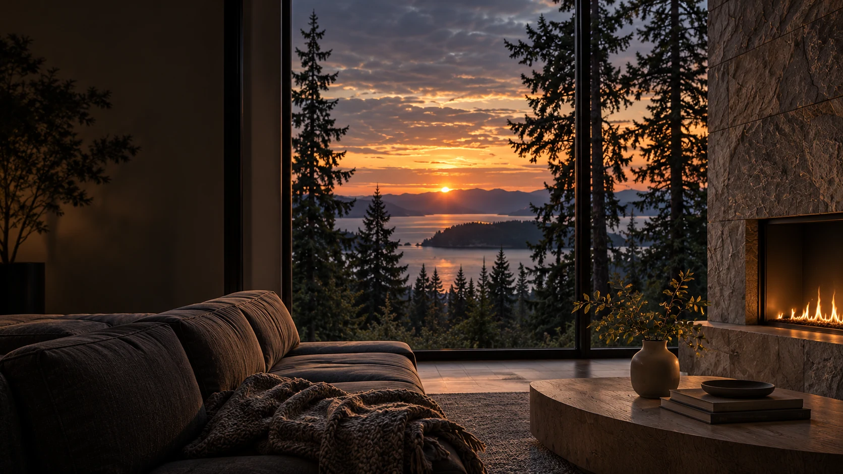 Quiet living room with a stone fireplace and window overlooking water at sunset