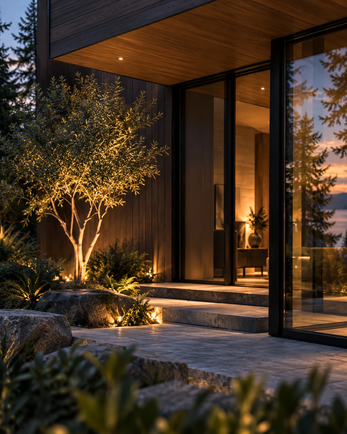 Cedar soffit and glass corner framing a warmly lit tree on a stone terrace