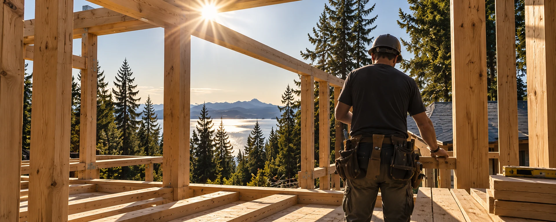 Carpenter studying a timber house frame overlooking the water