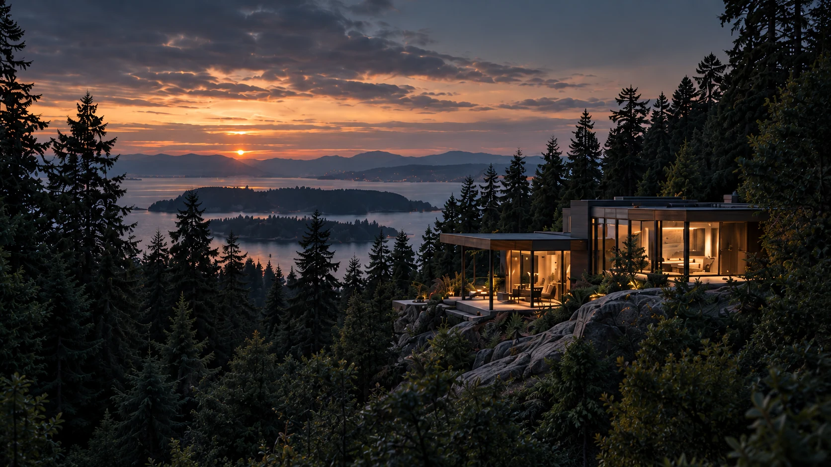 Completed cliff home with warm interior and landscape lights at sunset