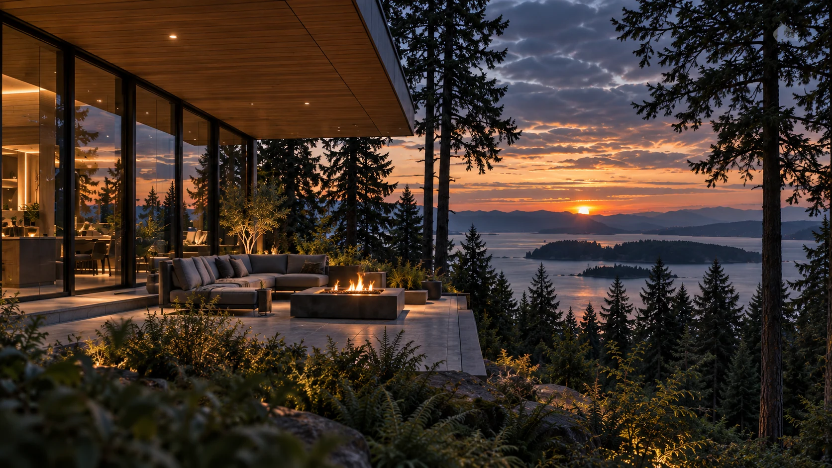 Covered timber terrace with a sofa and fire feature looking over water and trees