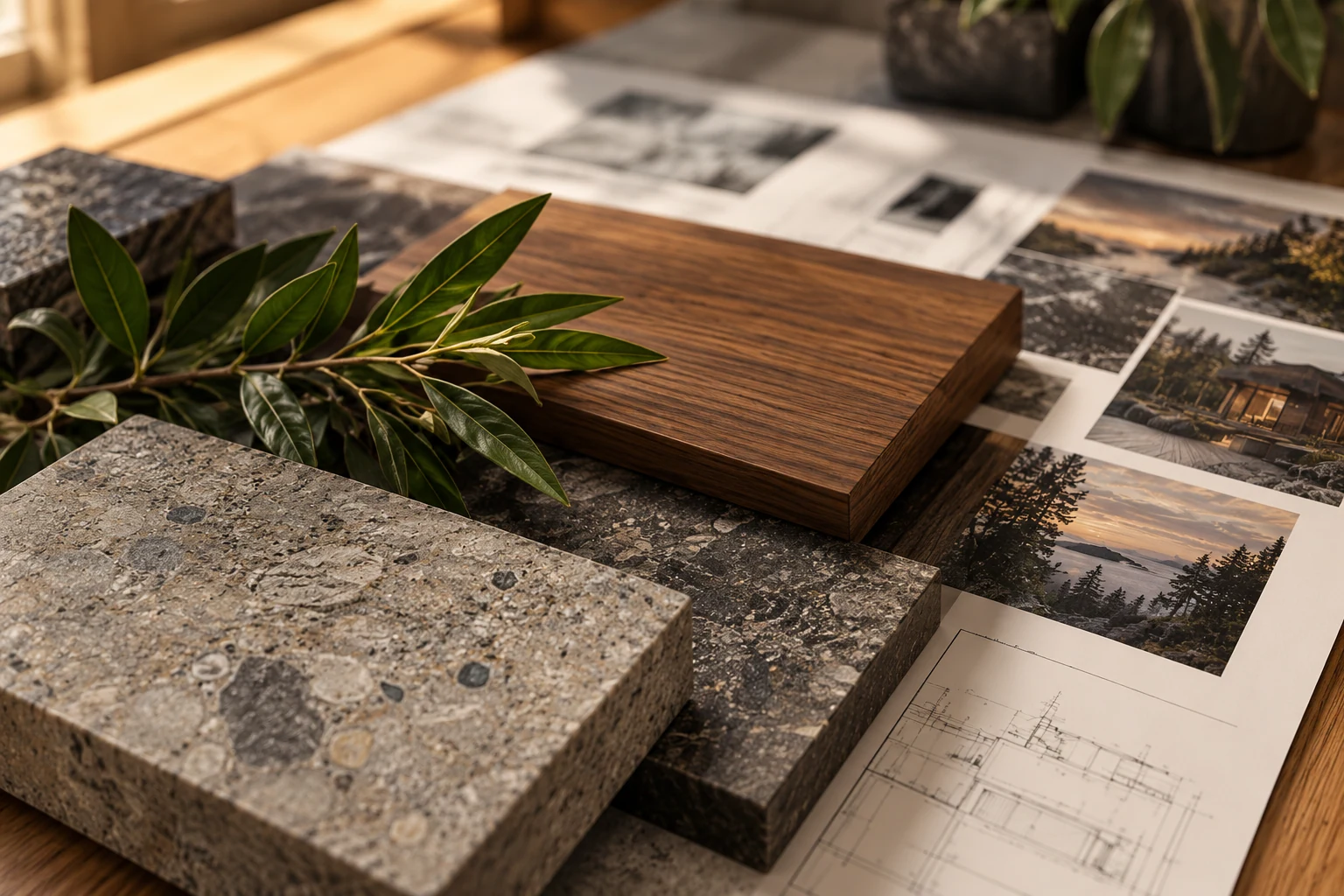 Walnut and natural stone samples layered over architectural photographs and plans
